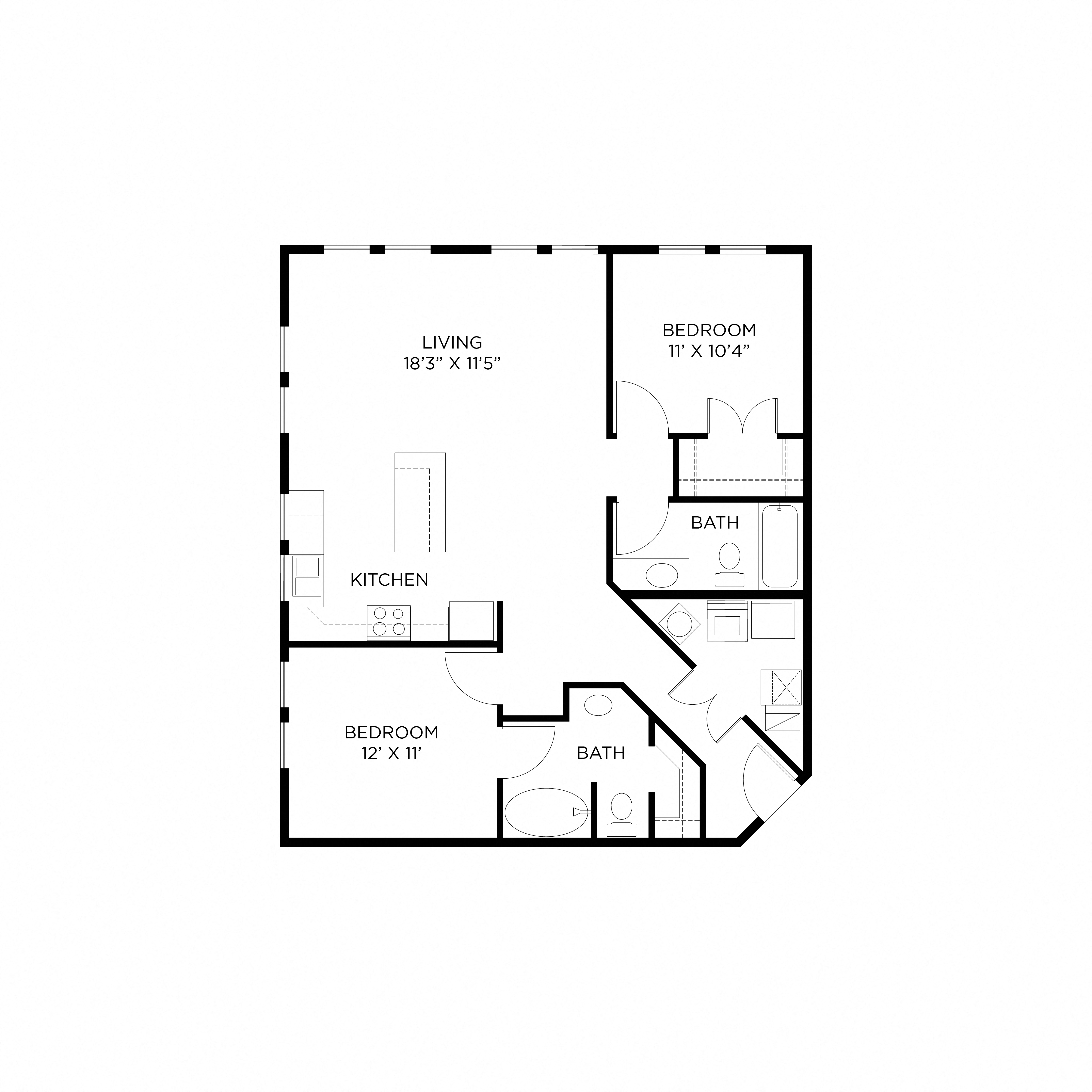 Floor plan for 2 beds, 2 baths, 1253 sqft